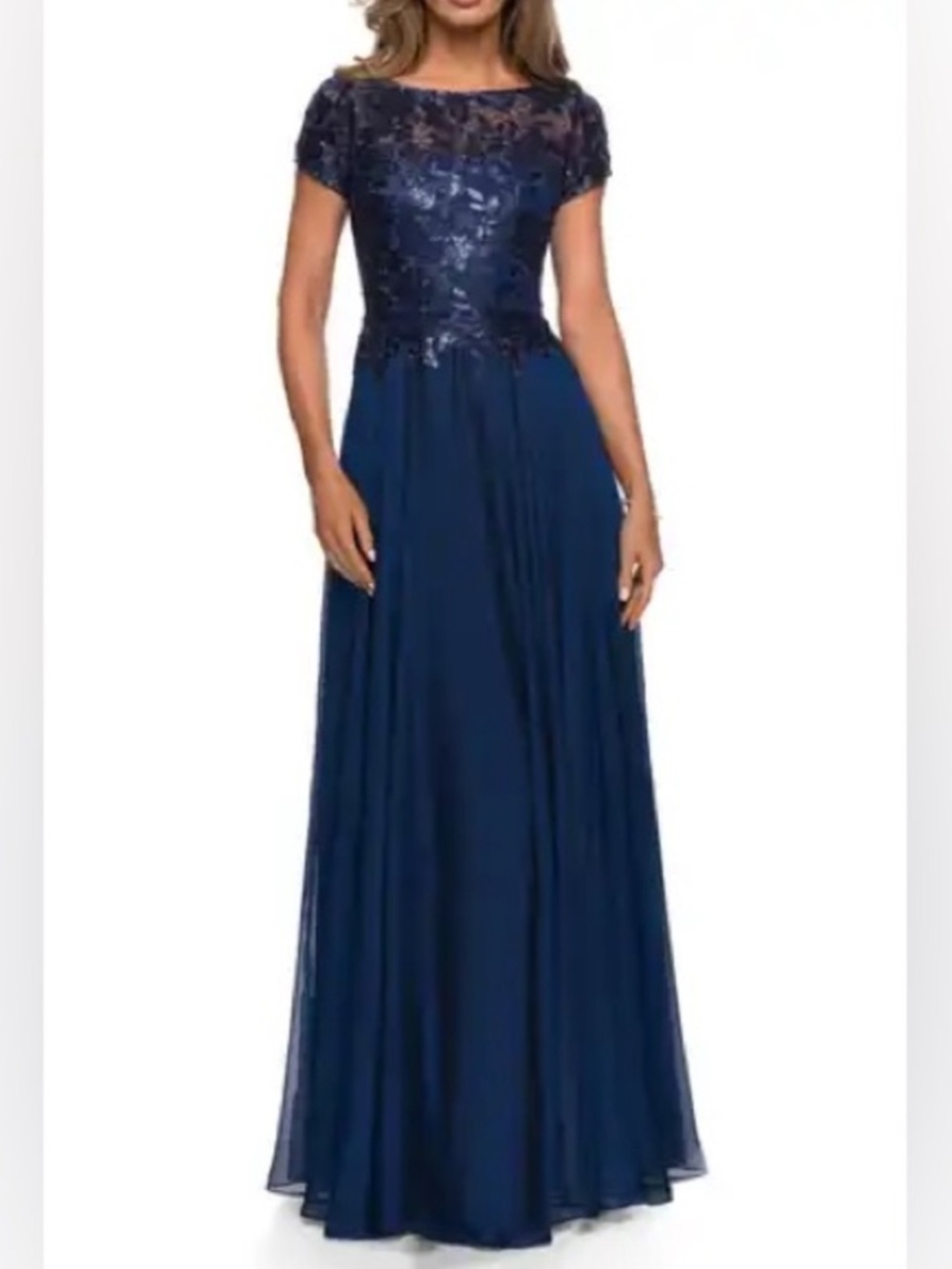 LA FEMME Floral Lace & Satin Sequin Sparkle Gown NEW Size 10 Navy Dress